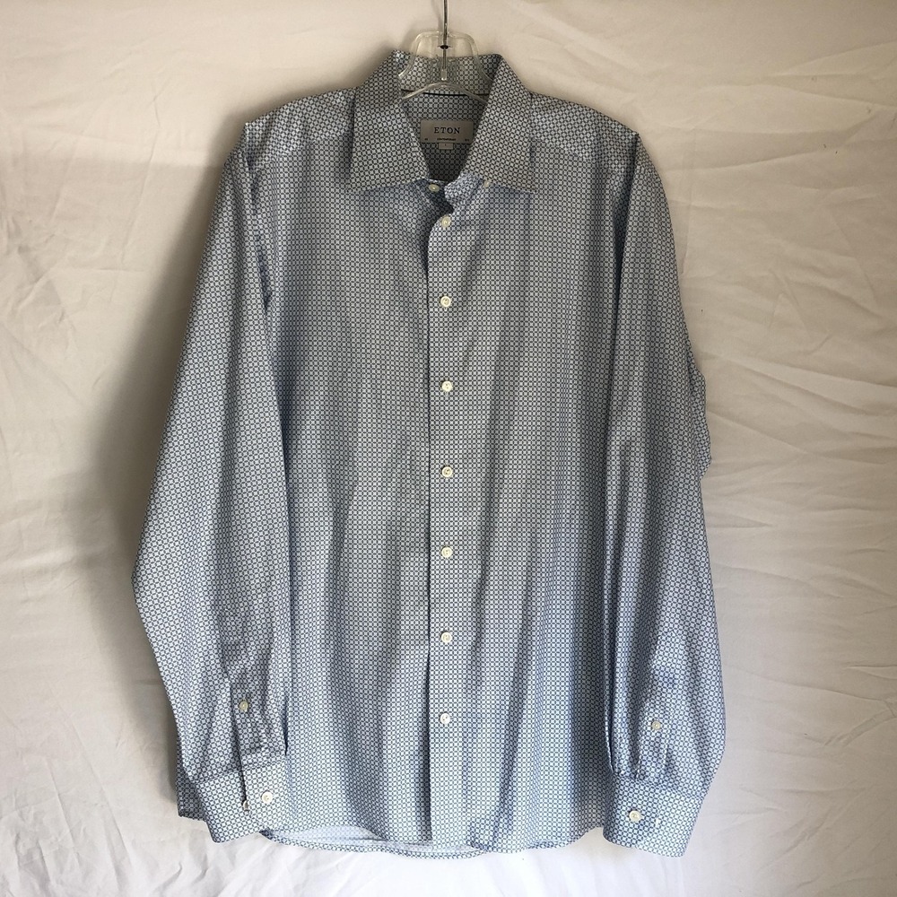 Eton Shirt Mens Large 16.5 34/35 Blue Geometric Contemporary Dress Long Sleeve